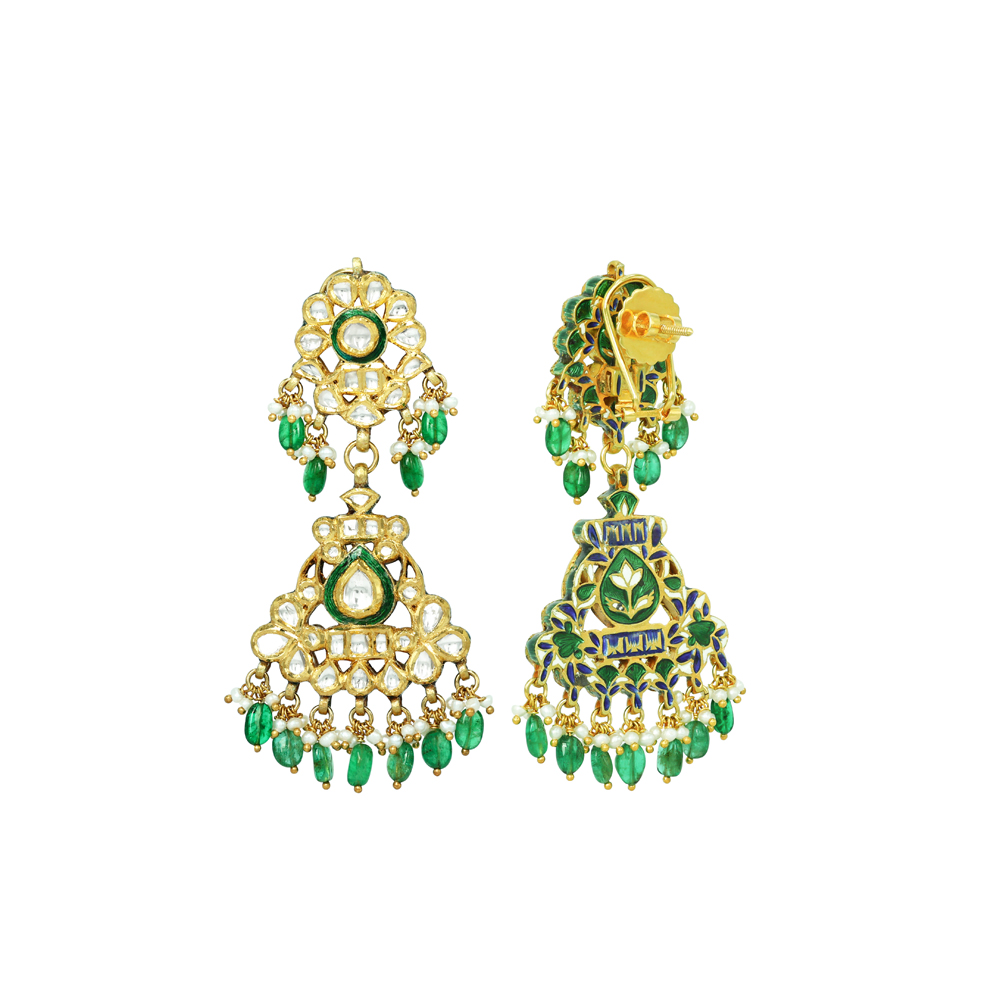 Polki Jadau Earrings with Green Meenakari and Emerald Maniya